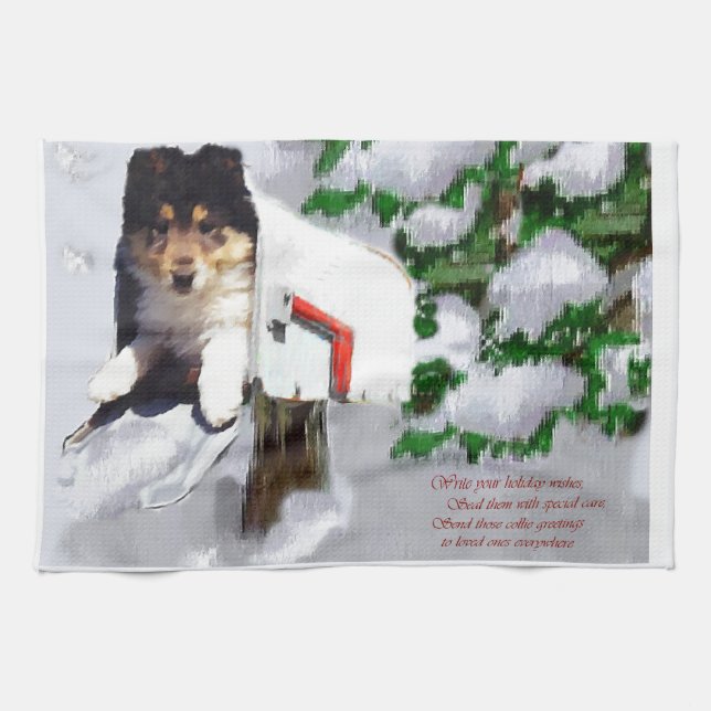 Linge De Cuisine Boîte aux lettres de Noël Collie Puppy (Horizontal)