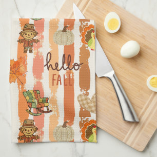 Linge De Cuisine Bonjour Automne Patchwork Rustique Feuilles Orange