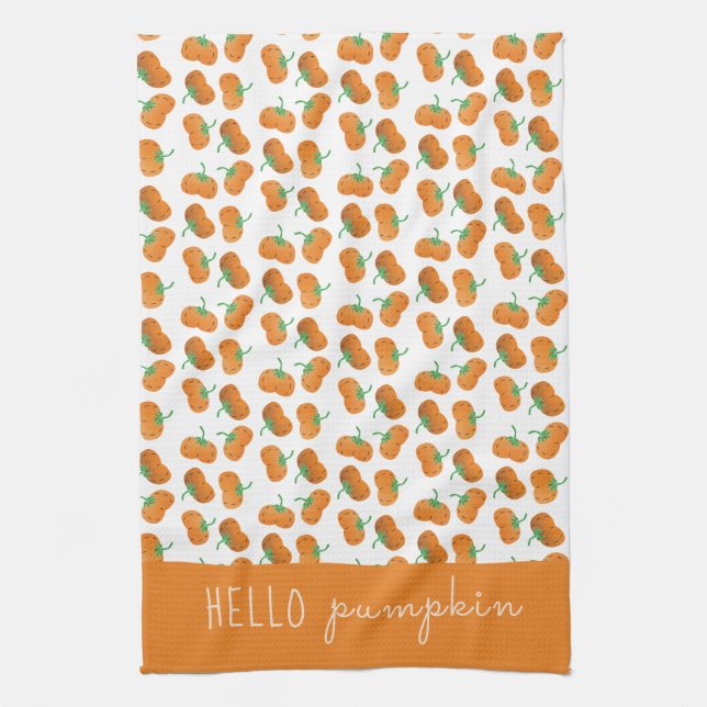 Linge De Cuisine Bonjour Citrouille Motif Automne Orange Vert (Vertical)
