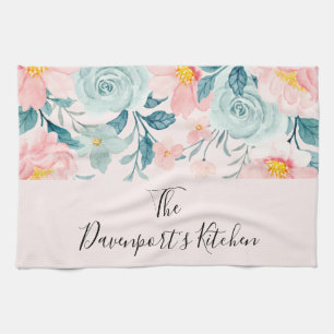 Linge De Cuisine Bordure florale rose et verte