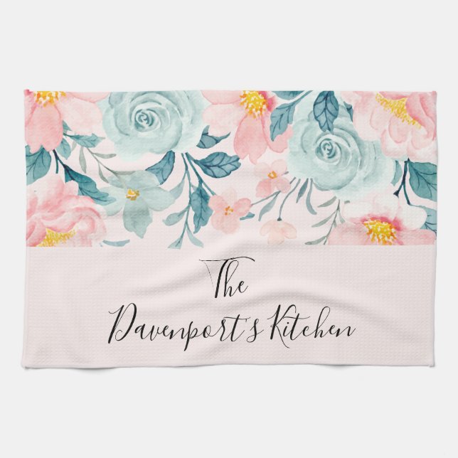 Linge De Cuisine Bordure florale rose et verte (Horizontal)