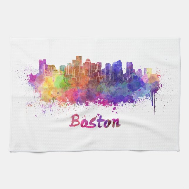 Linge De Cuisine Boston skyline in watercolor (Horizontal)