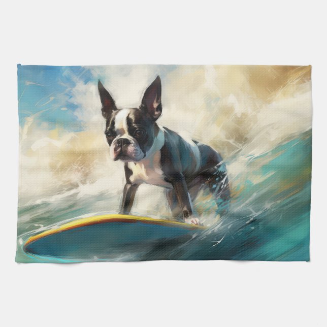 Linge De Cuisine Boston Terrier Beach Surfing Peinture (Horizontal)