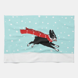 Linge De Cuisine Boston Terrier fonctionnant dans la neige - chien