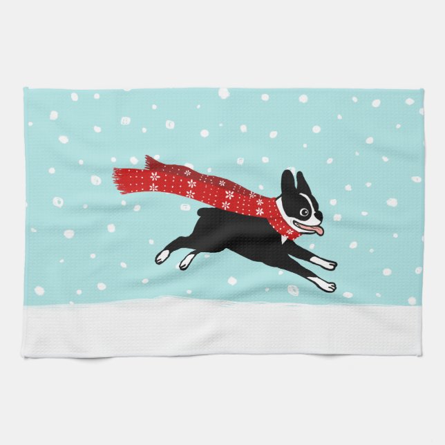 Linge De Cuisine Boston Terrier fonctionnant dans la neige - chien (Horizontal)