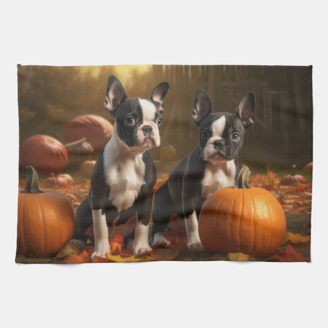 Linge De Cuisine Boston Terrier Puppy Automne Citrouille de plaisir (Horizontal)