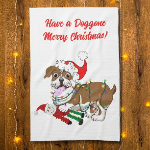 Linge De Cuisine Bouledogue anglais avec lumières de Noël Tablier
