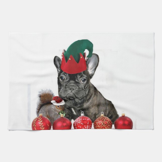 Linge De Cuisine Bouledogue français de Noël (Horizontal)