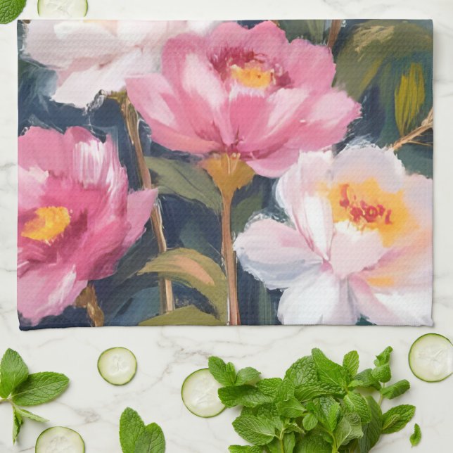 Linge De Cuisine Bouquet d'aquarelle rose Peonés (Plié)