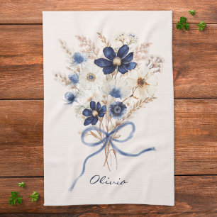 Linge De Cuisine Bouquet de fleurs bleu marine aquarelle personnali