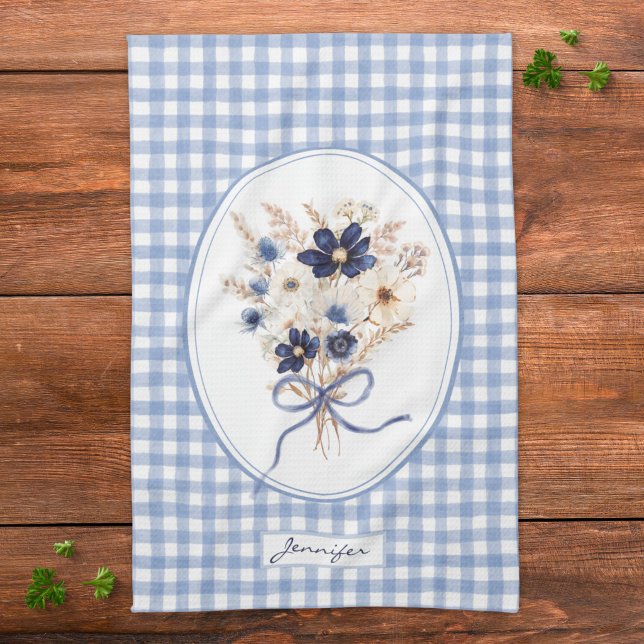 Linge De Cuisine Bouquet de fleurs bleu marine Gingham personnalisé (Créateur téléchargé)