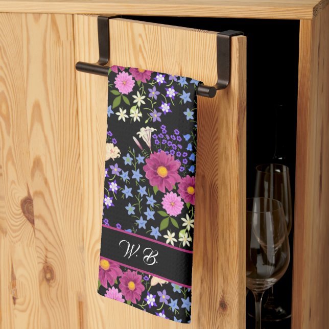 Linge De Cuisine Bouquet de fleurs Monogramme noir (Pliage en tiers)