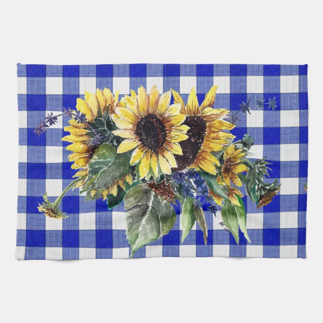 Linge De Cuisine Bouquet de tournesol sur En vichy bleu (Horizontal)
