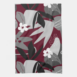 Linge De Cuisine Bourgogne et gris moderne Motif de feuilles tropic