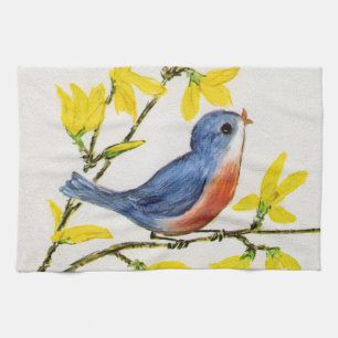 Linge De Cuisine Branche de l'arbre d'oiseaux bleu chantant mignon
