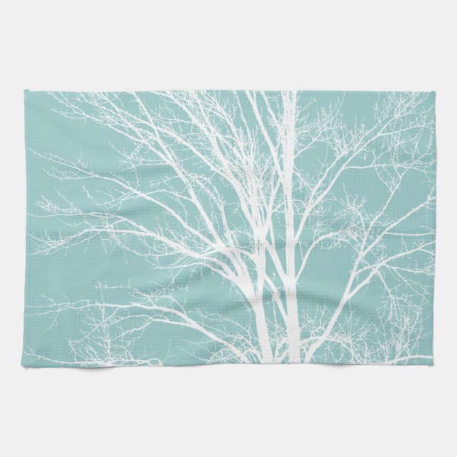 Linge De Cuisine Branches d'arbre blanc bleu rustique (Horizontal)