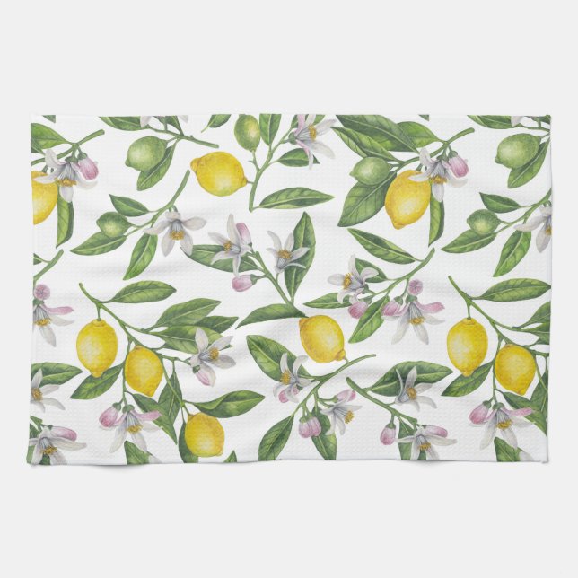 Linge De Cuisine Branches de citron avec fleurs et fruits sur blanc (Horizontal)