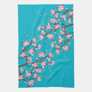 Linge De Cuisine Branches en fleurs de cerisier rose et bleu ciel