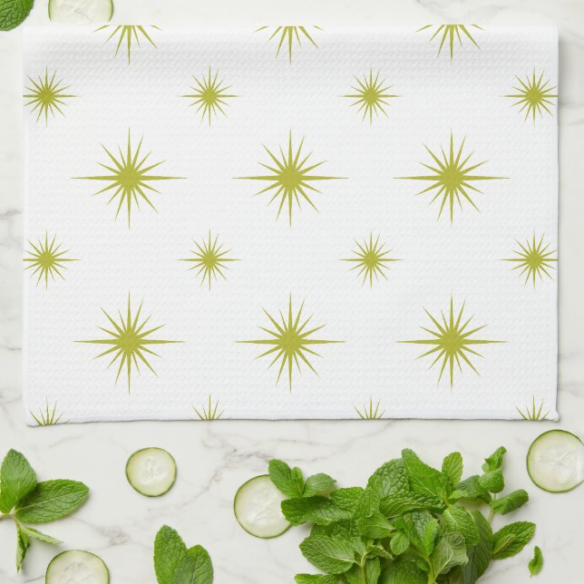 Linge De Cuisine Bright Green Starburst Motif Retro Mid Century (Plié)