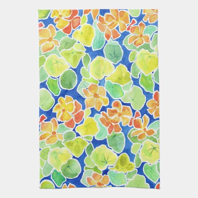 Linge De Cuisine Bright Orange, Rouge, Nasturtias Jaunes sur Bleu (Vertical)
