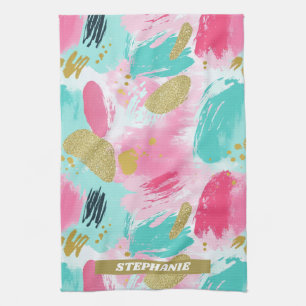 Linge De Cuisine Brochures Abstraites colorées - Menthe et rose (1)