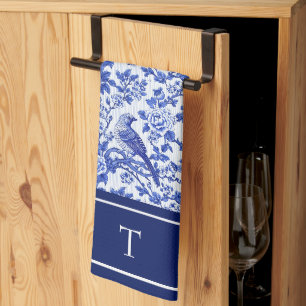 Linge De Cuisine Broderie Chinoise Fleurie à Monogramme d'Oiseau Bl