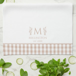 Linge De Cuisine Brown et blanc En vichy Nom personnalisé Monogramm