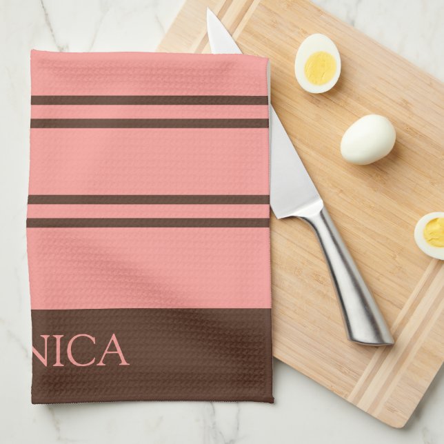 Linge De Cuisine  Brown Pink Stripes monogram Name Kitchen Towels (Quart Plié)