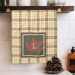 Linge De Cuisine Brown Plaid Motif Automne Maple Leaf Monogramme