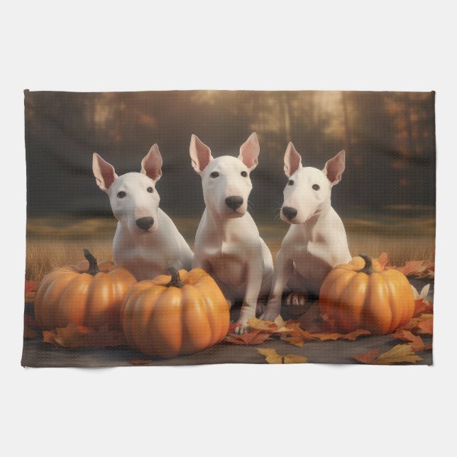 Linge De Cuisine Bull Terrier Chiot Automne Citrouille de plaisir (Horizontal)