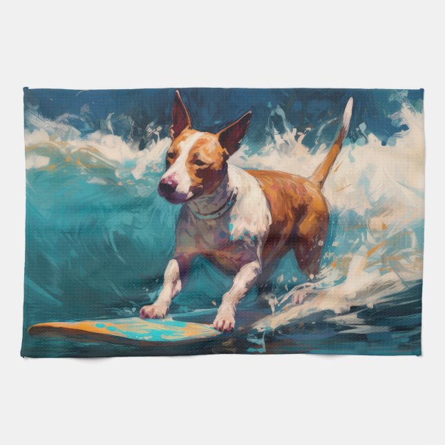 Linge De Cuisine Bull Terrier Plage Surf Peinture (Horizontal)