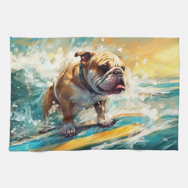 Linge De Cuisine Bulldog Beach Surf Peinture (Horizontal)