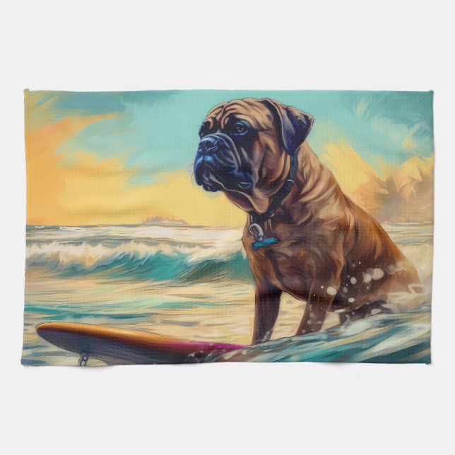 Linge De Cuisine Bullmastiff Beach Surfing Peinture (Horizontal)