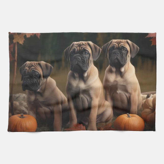 Linge De Cuisine Bullmastiff Chiot Automne Citrouille de plaisir (Horizontal)