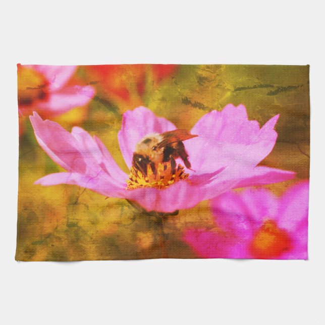 Linge De Cuisine Bumble Bee On Rose Cosmos Flower Abstrait (Horizontal)