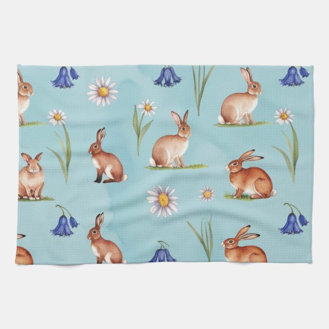 Linge De Cuisine Bunnies, Hares, cloches bleues et marguerites (Horizontal)