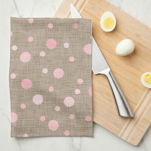 LINGE DE CUISINE BURLAP BROWN AUX TONS DE POIS ROSES (Quart Plié)