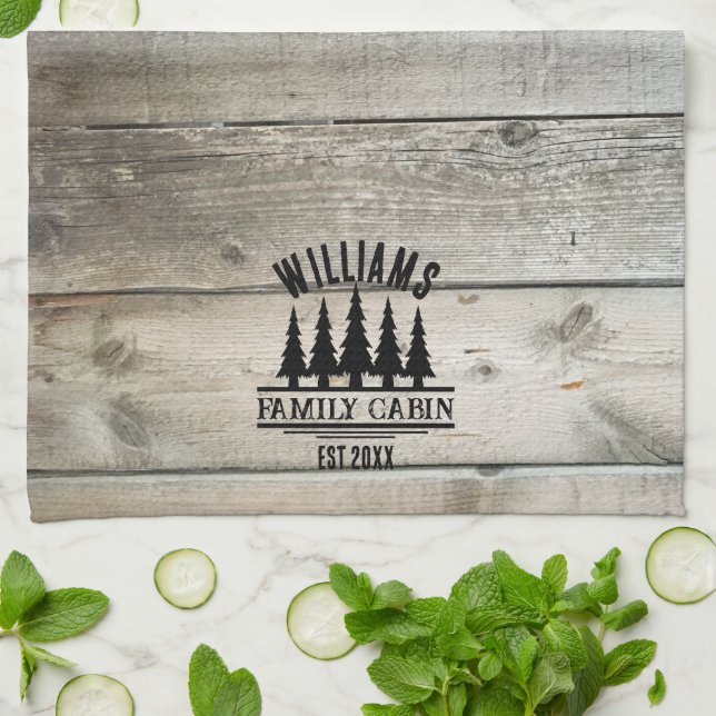 Linge De Cuisine Cabine de famille personnalisée Rustic Forest Nom  (Plié)