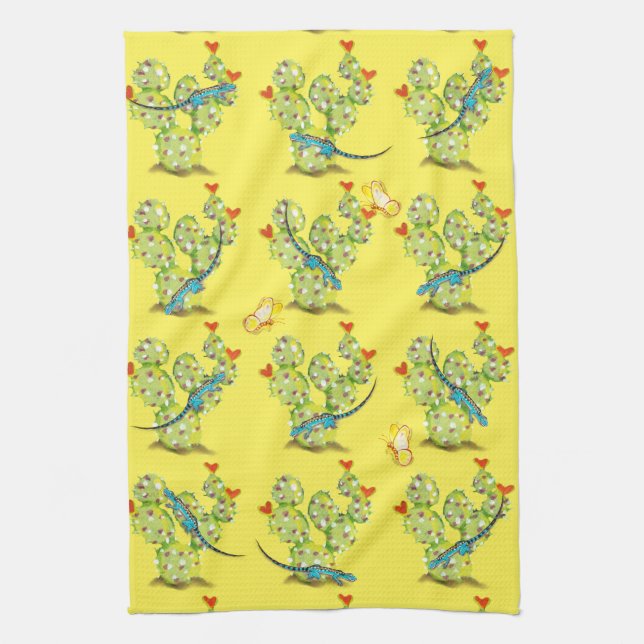 Linge De Cuisine Cactus jaune Lizard Butterfly Desert Sud-ouest (Vertical)