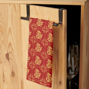 Linge De Cuisine Cadres d'ornement grec Motif de dragon d'or rouge
