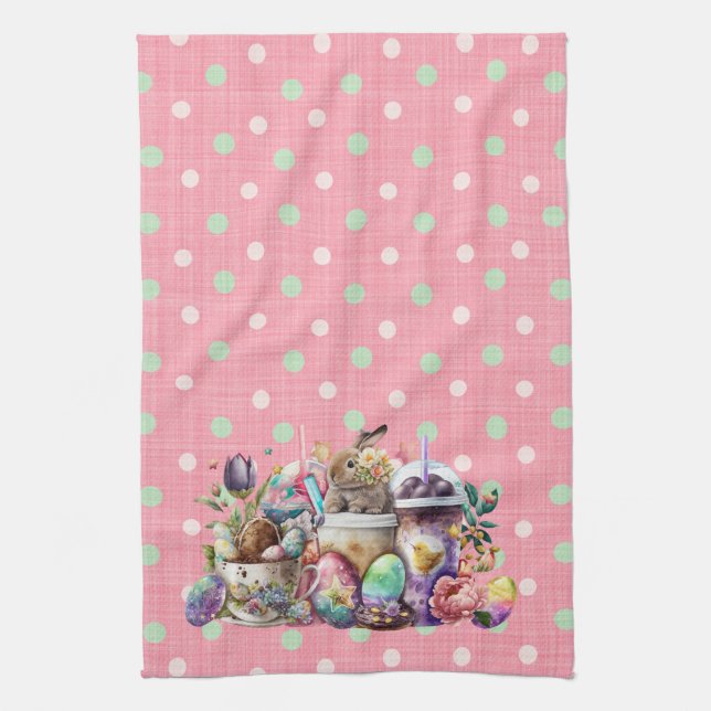 Linge De Cuisine Café Easter Bunny Aquarelle Boissons (Vertical)