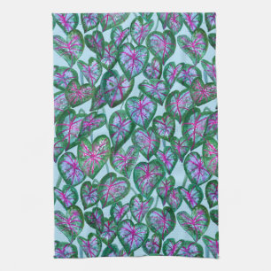 Linge De Cuisine Caladiums colorés Aquarelle Feuille rose vert