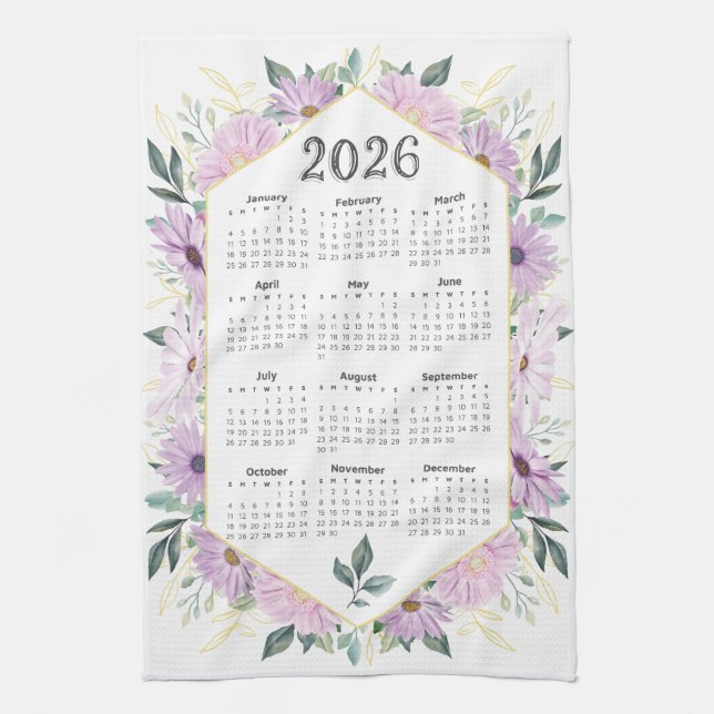 Linge De Cuisine Calendrier 2026 Aquarelle violet vert botanique (Vertical)