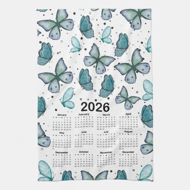 Linge De Cuisine Calendrier 2026 Blue Green Butterflies Motif (Vertical)
