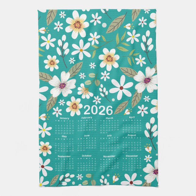 Linge De Cuisine Calendrier 2026 Modèle Floral Blanc (Vertical)