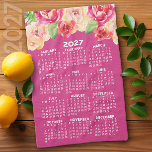 Linge De Cuisine Calendrier 2027 Fleurs aquarelle rose chaud