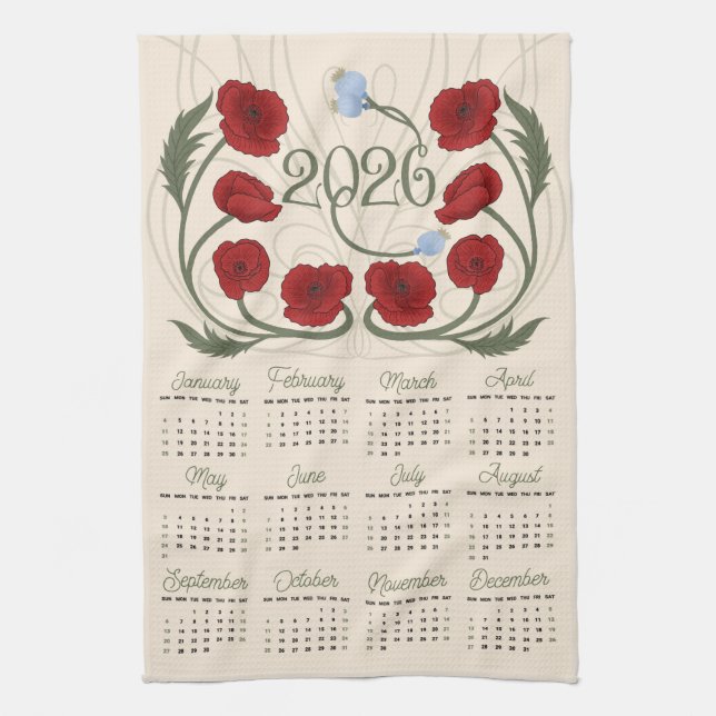 Linge De Cuisine Calendrier Art Nouveau Floral Red Poppy 2026 (Vertical)