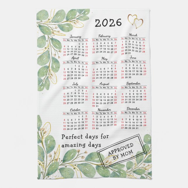 Linge De Cuisine Calendrier Eucalyptus Elégant Personnalisé 2026 (Vertical)