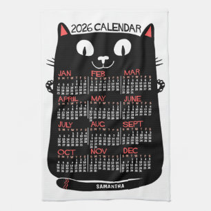 Linge De Cuisine Calendrier mensuel de l'année 2026 Chat noir milie