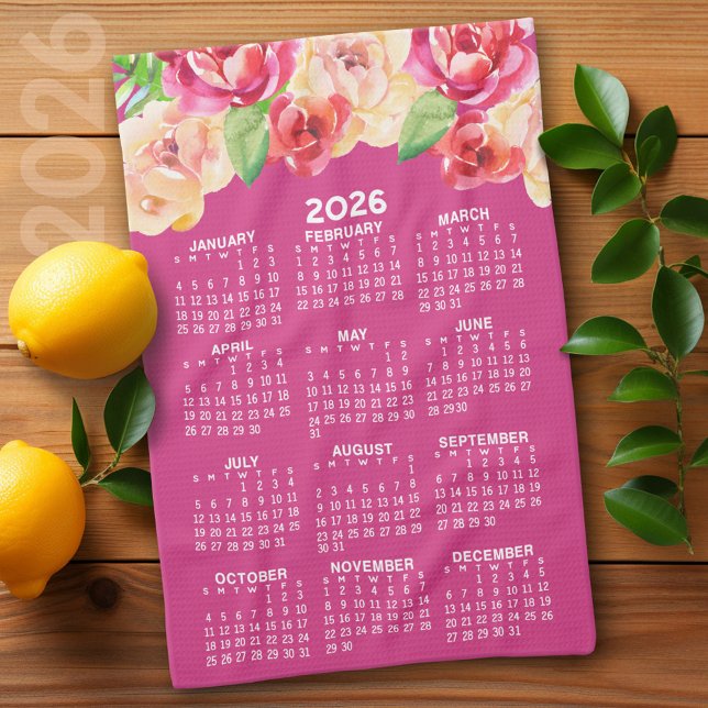 Linge De Cuisine Calendrier Peint Aquarelle Fleurs rose chaud (2026 Calendar)